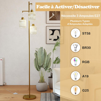 Floor Lamp 173cm, 3 Woven Paper Shades, Foot Switch, Gold