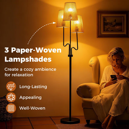 Floor Lamp 175 cm with 3 Woven Paper Shades, E27, Foot Switch, Black