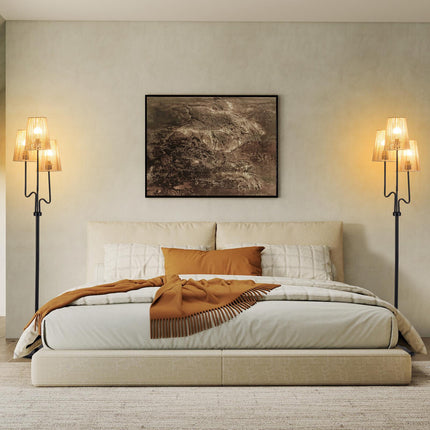 Floor Lamp 175 cm with 3 Woven Paper Shades, E27, Foot Switch, Black