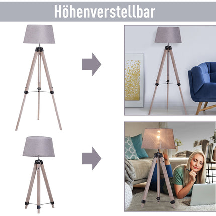 Height-adjustable stand floor lamp, wood & linen, Scandinavian design