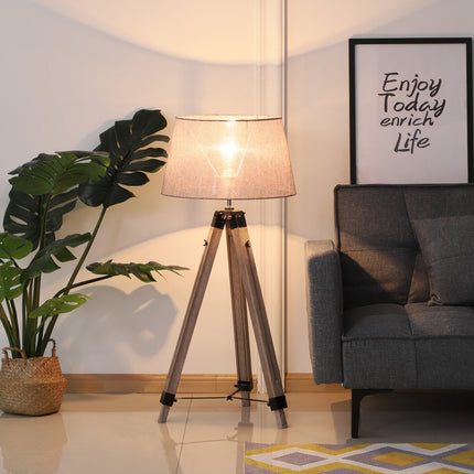 Height-adjustable stand floor lamp, wood & linen, Scandinavian design