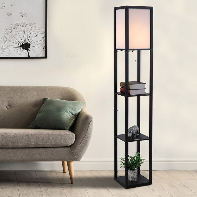 Black wooden floor lamp with shelves, E27 base, 160cm