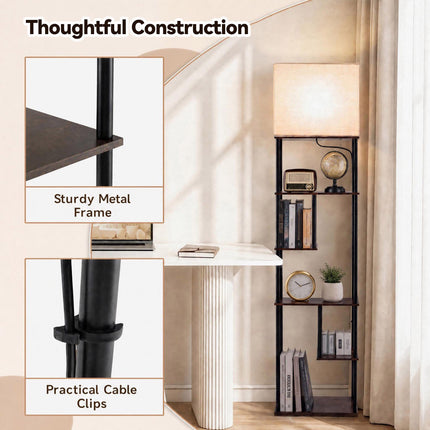 Floor Lamp with 5 Shelves 172 cm, Linen Shade, E27 Socket, Pull-Cord Switch