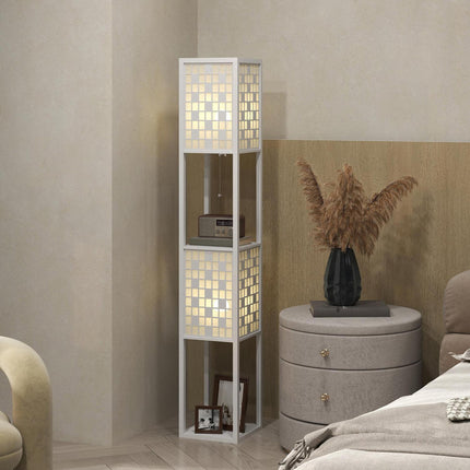 Floor Lamp with Lattice Shade and Dual Shelves, White