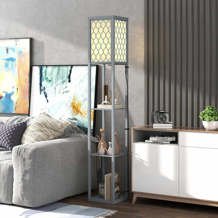 Floor Lamp with Shelf, 3 Tiers, Compact MDF, Light Grey