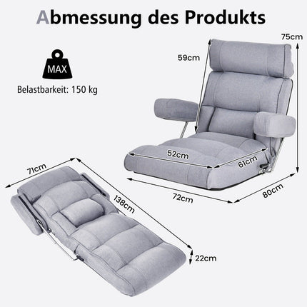 Floor chair folding bond sofa with adjustable backrest 80 x 72 x 75 cm gray