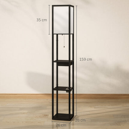 Floor lamp with fabric shade, USB ports, white & black