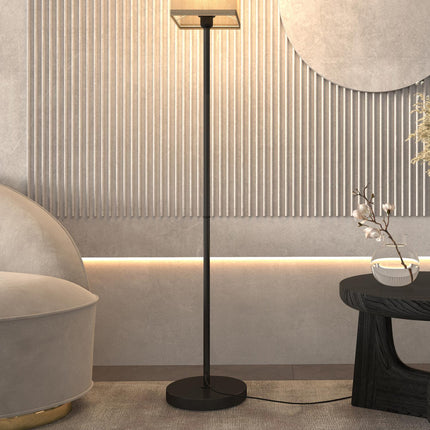 Modern black floor lamp with linen-look shade, foot switch