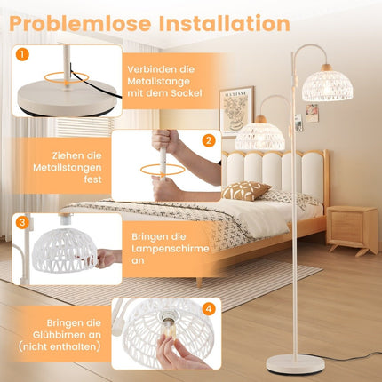 Floor lamp with 2 lights & foot switch 350° rotatable tree lamp woven lampshades