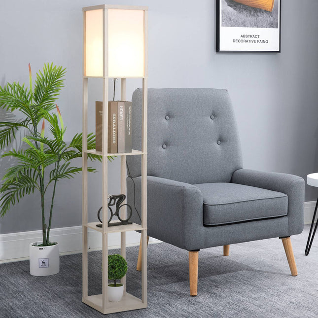 Floor lamp with shelves - Oak and White, E27 40W, 160cm