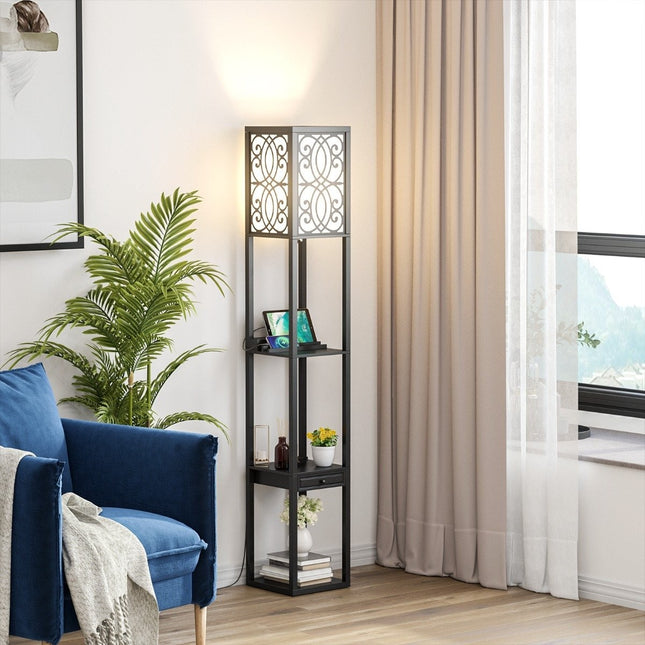Floor lamp with shelves and drawer for living room bedroom 26 x 26 x 160.5 cm black