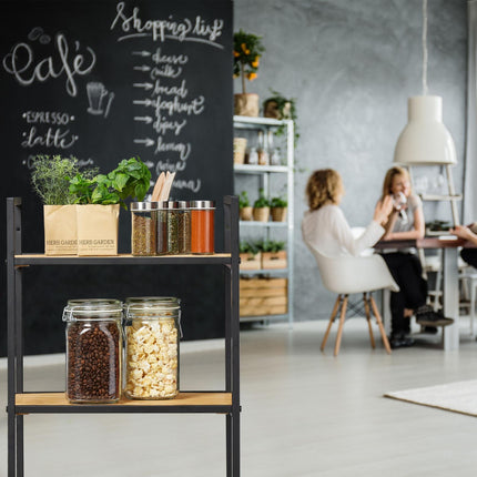 Floor standing shelf in bamboo and metal
