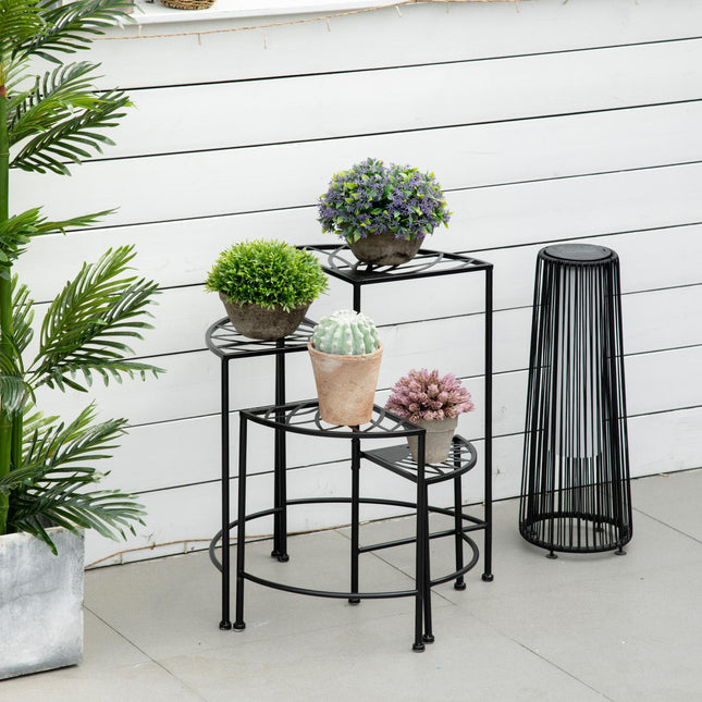 Foldable plant shelf in 4 levels in steel, black, for garden and balcony