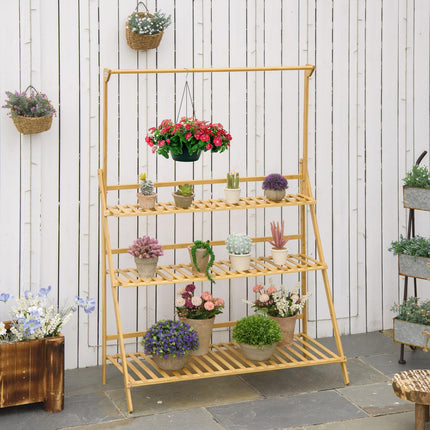 Wooden ladder shelf with flowers - adjustable height, natural bamboo