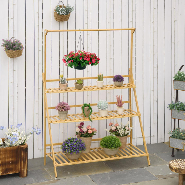Wooden ladder shelf with flowers - adjustable height, natural bamboo