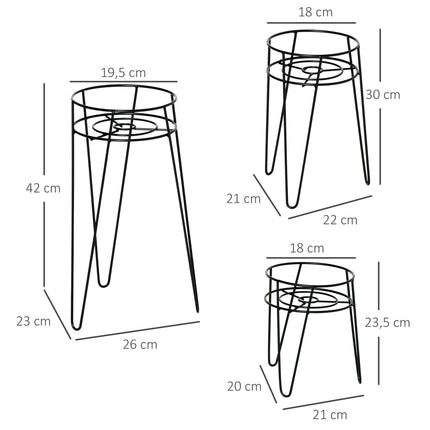 Set of 3 plant stands in black metal for 16 cm pots