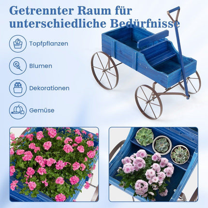 Flower stand wooden trolley plant trolley flower trolley with metal wheels 62 x 34 x 60 cm blue