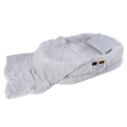 Fluffy dog bed for people & dogs with washable dog blanket 171 x 115 cm gray