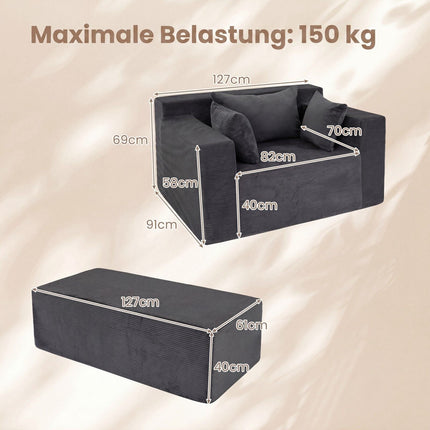 Foam Sofa & Ottoman Set with Pillows – Grey Corduroy