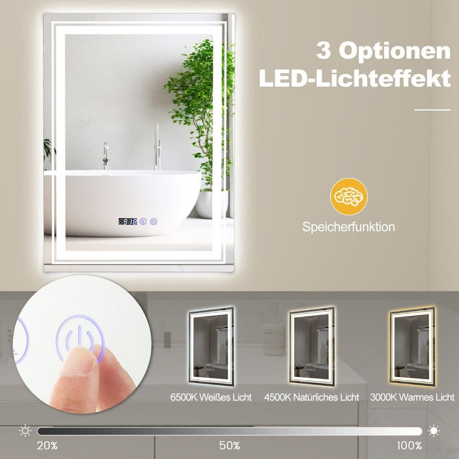 Fog-free LED bathroom mirror with 3 light colors & memory function Illuminated wall mirror