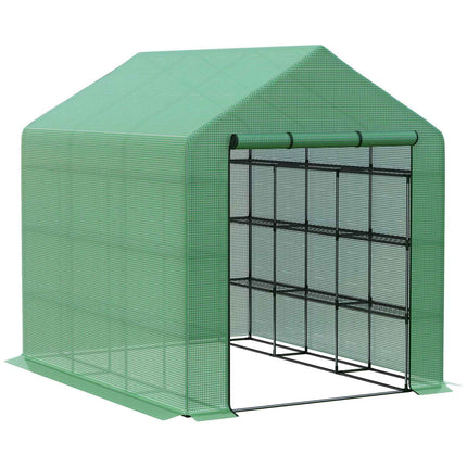 Walk-In greenhouse with 8 shelves, steel frame, green