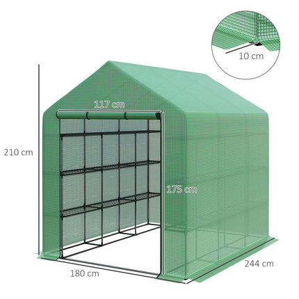 Walk-In greenhouse with 8 shelves, steel frame, green