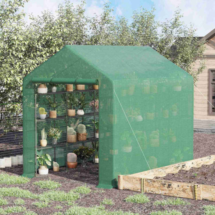 Walk-In greenhouse with 8 shelves, steel frame, green