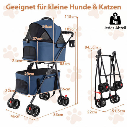 Foldable 3-in-1 Pet Stroller with Dual Carriers, Blue
