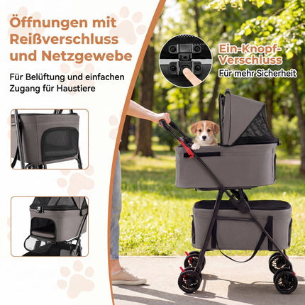 Foldable 3-in-1 Pet Stroller with Dual Carriers, Gray