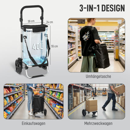 Foldable 3-in-1 Shopping Trolley, 40L, 25kg Capacity, Black