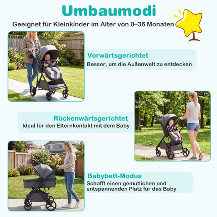 Foldable 3-in-1 Stroller with Reversible Seat, Grey