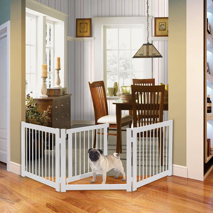 Foldable 3-part dog barrier with pinewood gate for doors/stairs, 61cm high, white