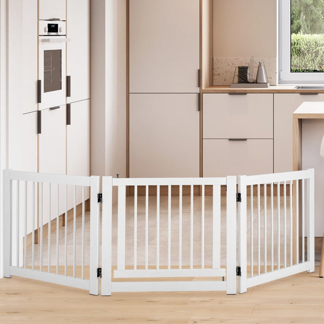 Foldable 3-part dog barrier with pinewood gate for doors/stairs, 61cm high, white