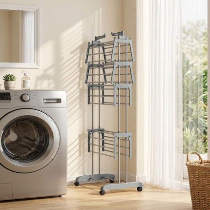 Foldable 5-Tier Clothes Drying Rack with Wheels, Grey