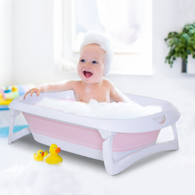 Foldable pink baby bath, ergonomic non-slip design