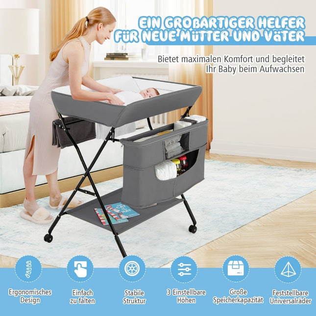 Foldable Baby Changing Table with Wheels, Adjustable Height