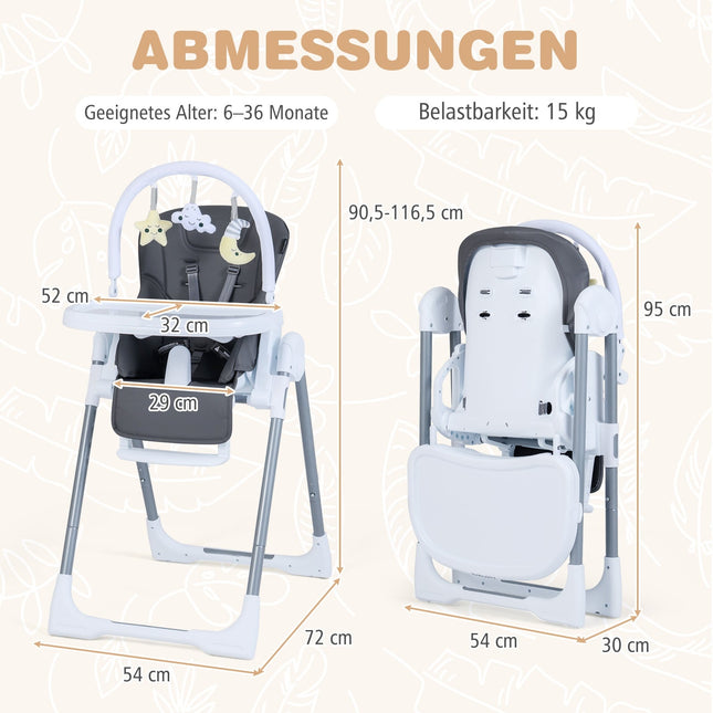 Foldable Baby High Chair with Recline & Adjustable Backrest