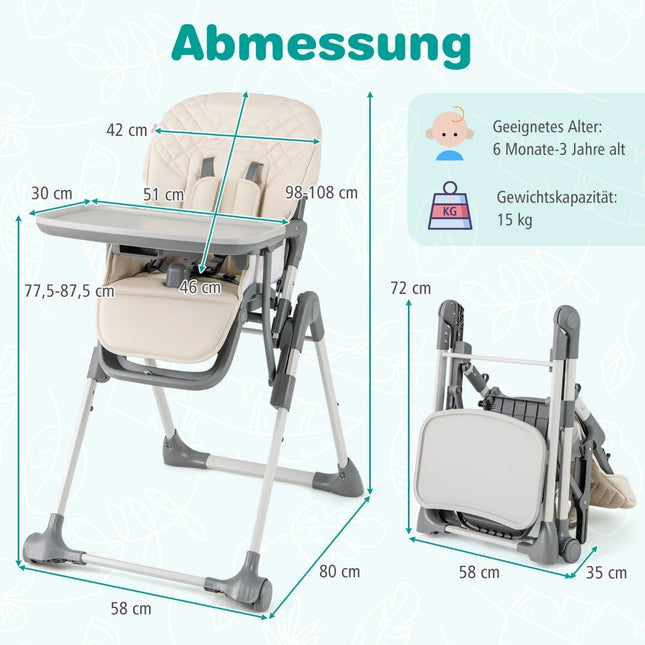 Foldable Baby High Chair with Recline & Adjustable Height