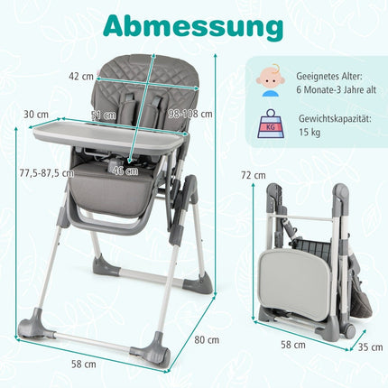 Foldable Baby High Chair with Recline & Adjustable Heights