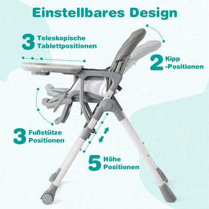 Foldable Baby High Chair with Recline & Adjustable Heights