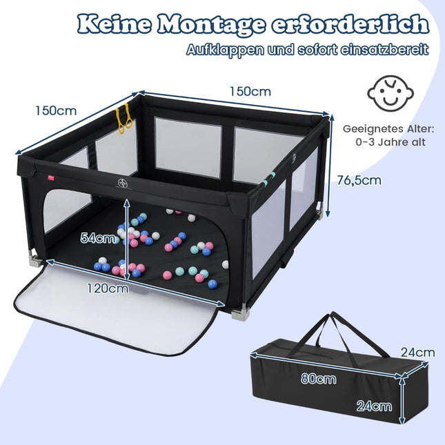 Foldable Baby Playpen, 150x150 cm with Balls & Handles