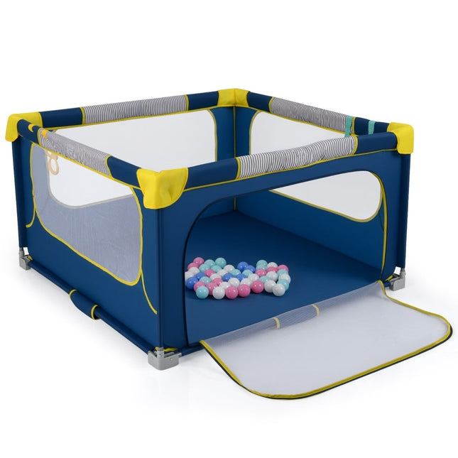 Foldable Baby Playpen with 50 Balls & Zipper Door, Blue