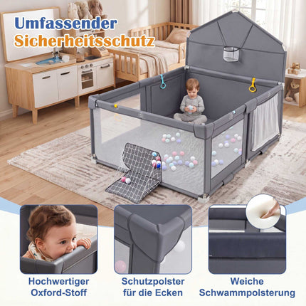 Foldable Baby Playpen with Basketball Hoop & Soccer Goal