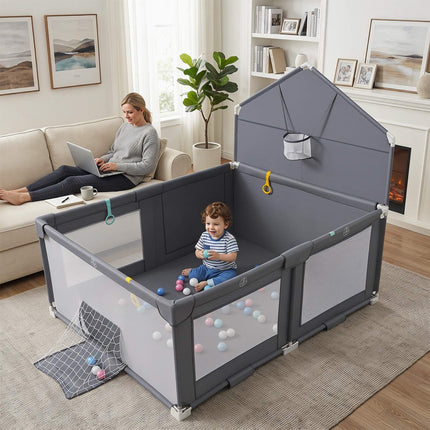Foldable Baby Playpen with Basketball Hoop & Soccer Goal