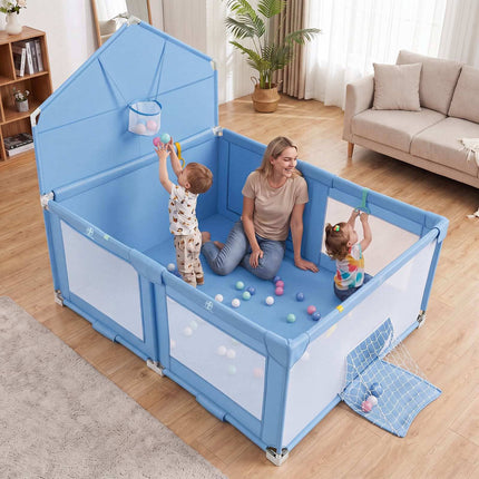 Foldable Baby Playpen with Non-Slip Feet, Blue, 223x150 cm
