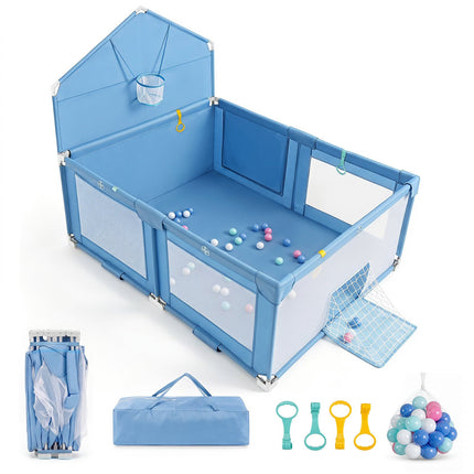 Foldable Baby Playpen with Non-Slip Feet, Blue, 223x150 cm