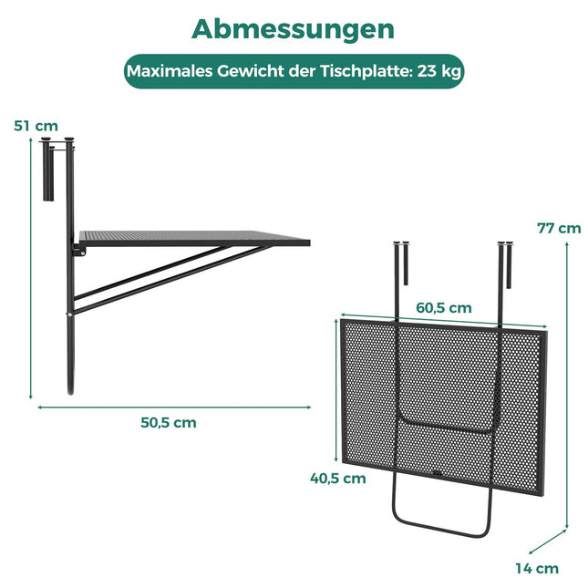 Foldable Balcony Table – Metal Hanging Table, Black