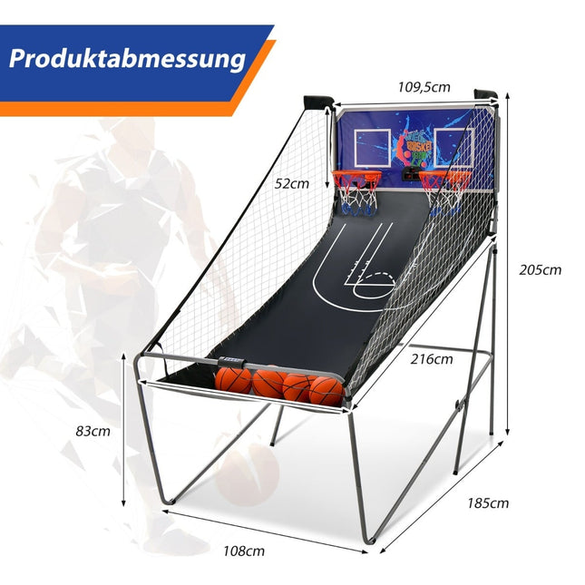 Opvouwbaar basketbalarcadespel met 2 baskets en elektronische scoreweergave.