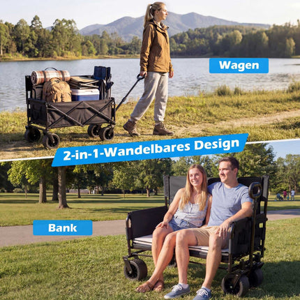 Foldable Beach Wagon with Seat, Adjustable Handle, Black