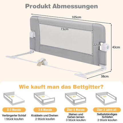 Foldable Bed Rail Guard for Toddlers, 105x40x42 cm, Gray